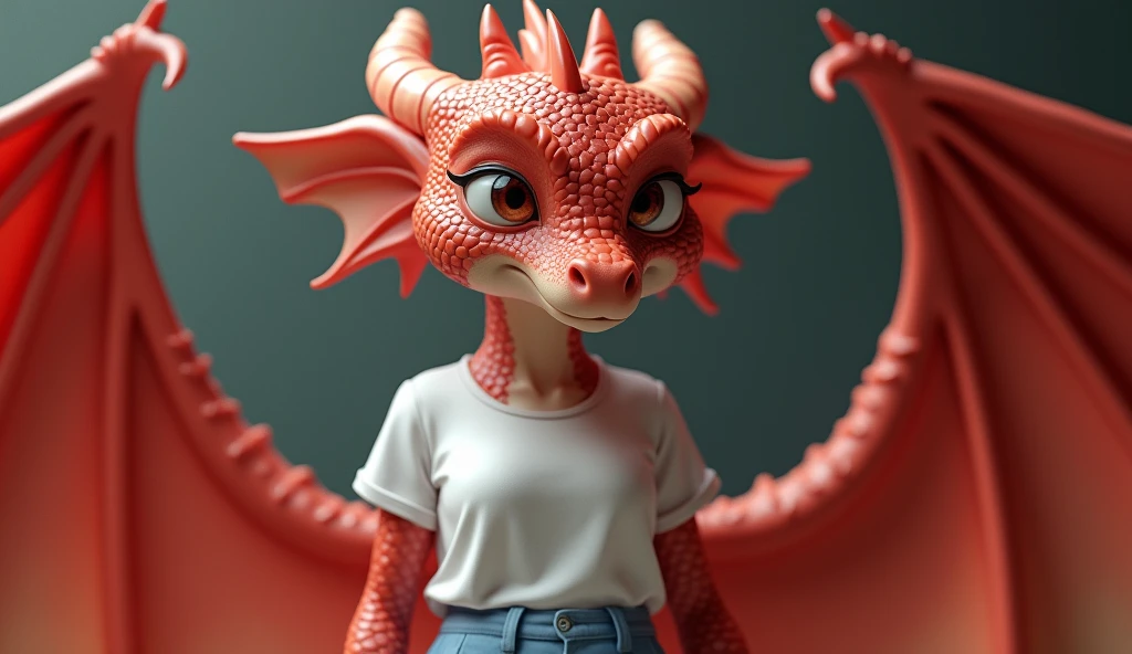 Femboy Dragon, female, lonely character, 8K quality, ultra realistic, 3d rendering, Digital art, beautiful and detailed portrait of a (((female))) anthro dragon, subtract, Ross Tran,Ruan Jia, Uploaded to E621, zaush, Foxovh, cinematic lighting,(((shy, seductive))) smile, looking at the viewer, without skin, Red Scales, Dragon, femboy, plump body, female body, shy expression, wearing white t-shirt, wearing blue pants, soft body, very weak, very thin, ((presenting behind)), hand behind, spreading behind