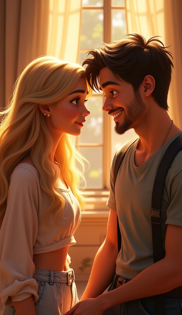 A beautiful blonde young woman talking to her handsome brother, pixar style, cinematic, masterpiece, high-aesthetic, realistic