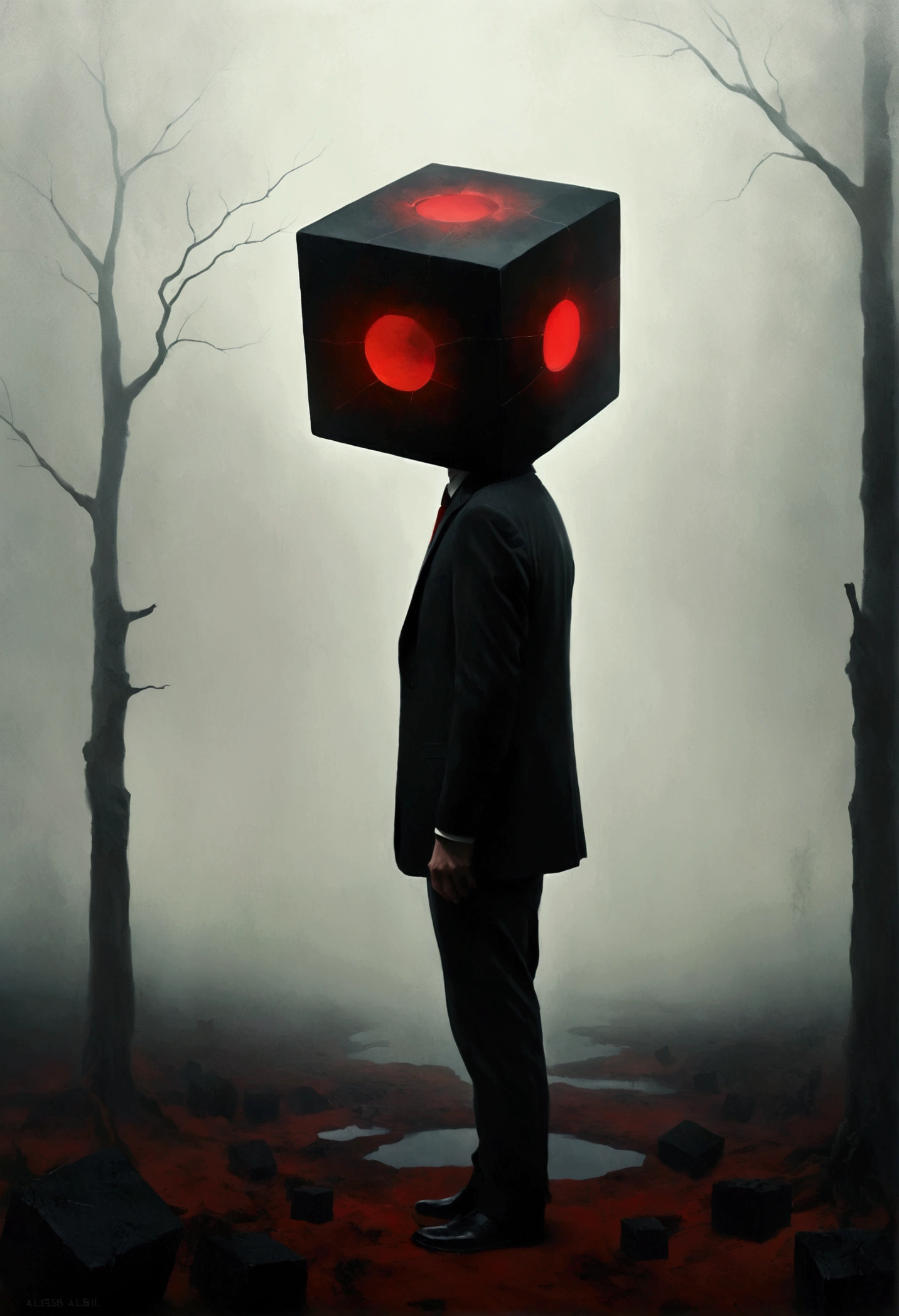 Faceless Man,(((Cube head)))，Cube Anthropomorphism，bend over，Tired， Alessio Albi, Abstract Surrealism, Faceless Man dark, Unsettling horror limbo, Mist，Black and red theme