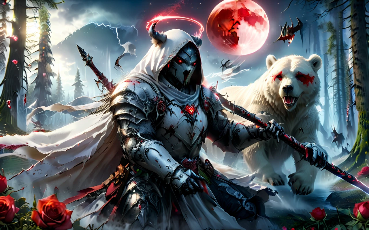 Dynamic picture where a man with a white hood with bear ears and a katana sits riding a big polar bear in a forest while the blood moon shines, many Roses cover the ground and lightning falls from the sky. The man wears a red blindfold.