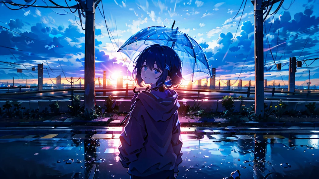 Absurd, High resolution,
Looking back at me, Rainy night city,Urban sidewalks、 Holding a red umbrella、signal machine、relax time, Fantastical light particles, Lens flare,Smiling and crying、Blue Hair、(Red headphones:1.4)、(White hoodie:1.2)、Top view、(Looking into the distance)、(Shooting from a distance:1.2)