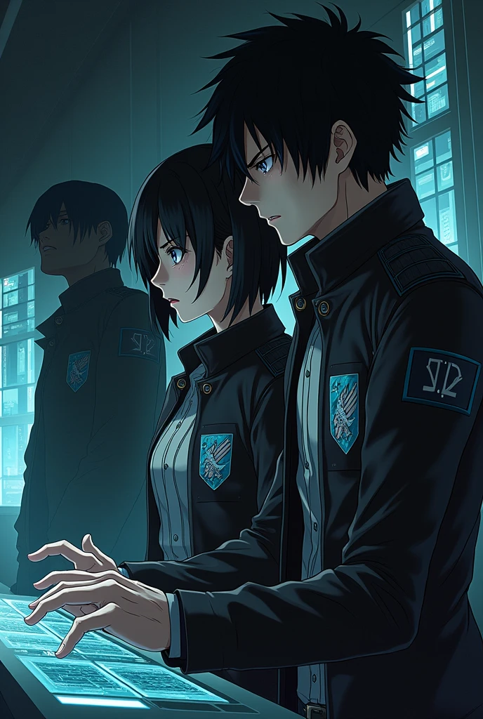 Eren Yeager from attack on Titan as a black hat hacker with Mikasa as his wife where is Mikasa there looks like another character 😭 still they looks like another character you can create it in 2nd dimension hey add survey cops badge on their clothes 