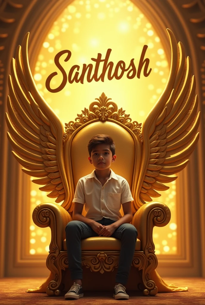 Create realstic image a 1 attitude boy is sitting on a golden king chair with golden wings and behinds him the colour of the wall is gold on which ” SANTHOSH  ” Written in curve style
