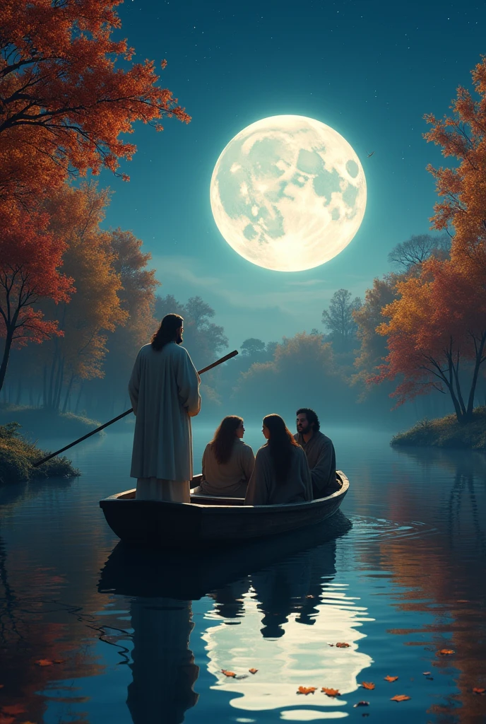 Create a realistic image with full resolution 8k cinematic quality, depicting a serene autumn night scene by a calm river. The river reflects the bright, oversized full moon above, which casts a soft glow over the water. Surrounding the river are vibrant trees with red, orange, and yellow leaves, capturing the essence of fall. The clear sky reveals a blanket of stars alongside the large moon. Leaves gently float on the river's surface, enhancing the peaceful atmosphere. In the center of the river, there is a wooden boat carrying Jesus and four people. Jesus, depicted with a gentle, serene expression, stands at the bow of the boat, dressed in simple, flowing robes that reflect the moonlight. The four individuals, diverse in appearance, sit attentively, gazing at Jesus, listening intently to his words. The scene conveys a sense of calm, reflection, and the beauty of nature at night, with the boat adding a focal point of human connection and spirituality.