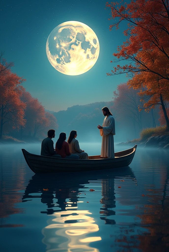 Create a realistic image with full resolution 8k cinematic quality, depicting a serene autumn night scene by a calm river. The river reflects the bright, oversized full moon above, which casts a soft glow over the water. Surrounding the river are vibrant trees with red, orange, and yellow leaves, capturing the essence of fall. The clear sky reveals a blanket of stars alongside the large moon. Leaves gently float on the river's surface, enhancing the peaceful atmosphere. In the center of the river, there is a wooden boat carrying Jesus and four people. Jesus, depicted with a gentle, serene expression, stands at the bow of the boat, dressed in simple, flowing robes that reflect the moonlight. The four individuals, diverse in appearance, sit attentively, gazing at Jesus, listening intently to his words. The scene conveys a sense of calm, reflection, and the beauty of nature at night, with the boat adding a focal point of human connection and spirituality.