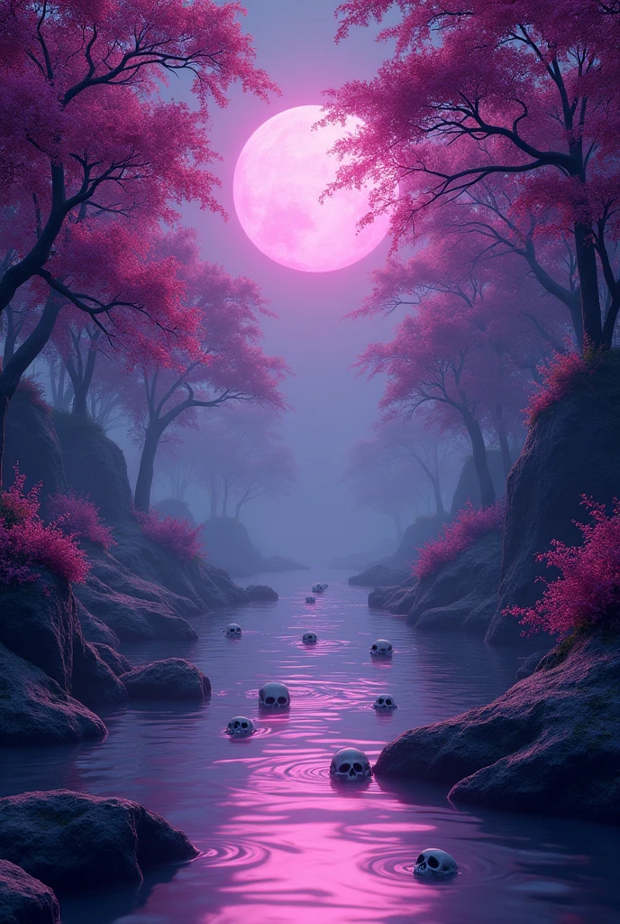 (photorealism:1.2), Violet river with skulls and bougainvillea flowers. At night with a pink moon. Trees with magenta leaves, in a nostalgic and magical atmosphere. With floating souls