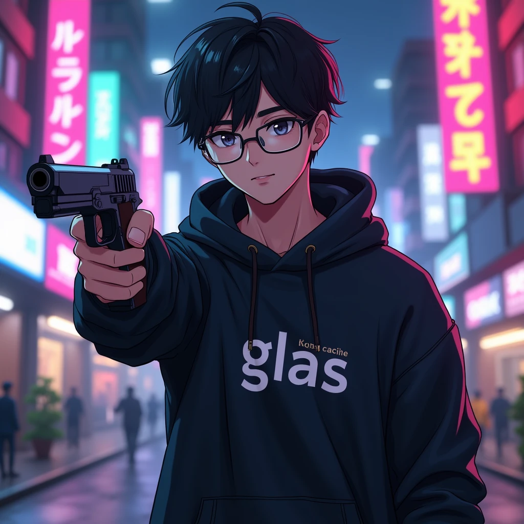Create a character anime, {{background: text “GLBK”, night city}},
realistic, HDR, use glasses, handsome, korean style, full body, use pistol, age 20, hoodie HD text: “PRAS”