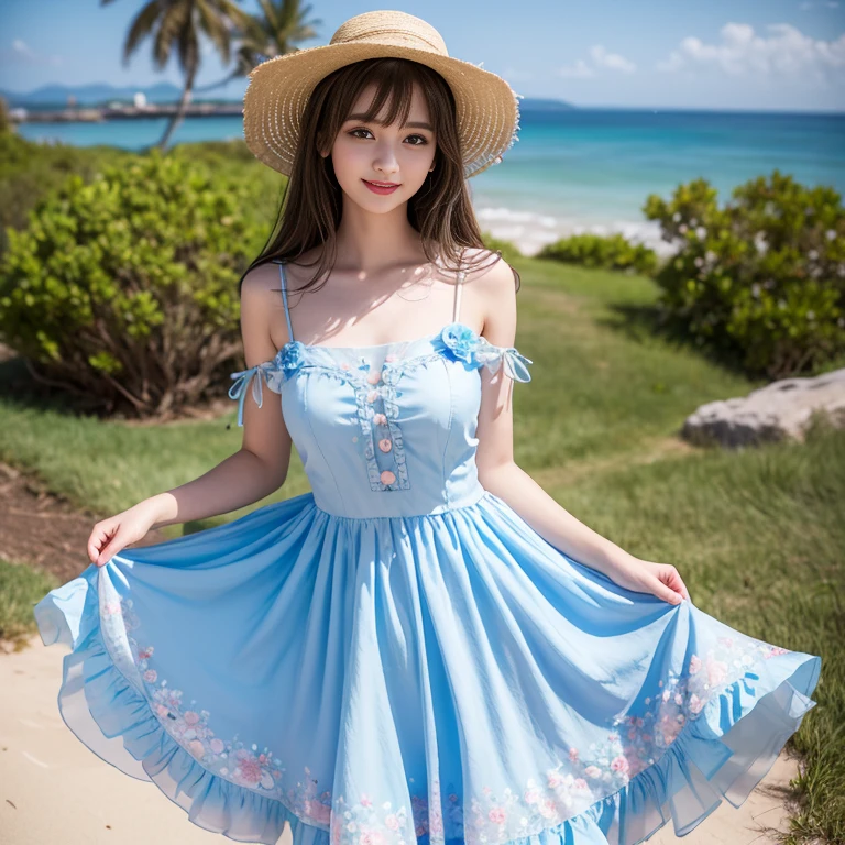 laughing out loud,(knee shot), 1 girl, light brown hair, blunt bangs, hair behind ears, Hair over the shoulders, long hair, Slender body type, Super thin face, face slimming, delicate lips, beautiful eyes, Thin blush, Eyes are light brown,Check it out here, (realistic:1.3), 8k, , Super detailed, high quality, best quality, High resolution, (Full breasts), 3, , (Gauze skirt), (tutu), wearing a light blue flower dress, Cute and elegant pose, (((Gauze puffy dress))), Gauze skirt, five layer Gauze skirt, There is petticoat inside the skirt,The dress is made of chiffon,Soft and fluffy dress, elegant, (Stand on the beach), wearing a straw hat, light blue flower dress,long skirt. hand on hat, Chiffon dress,These floral patterns are mostly small flowers scattered throughout clothes and dresses., Blue floral dress,Floral pattern dress