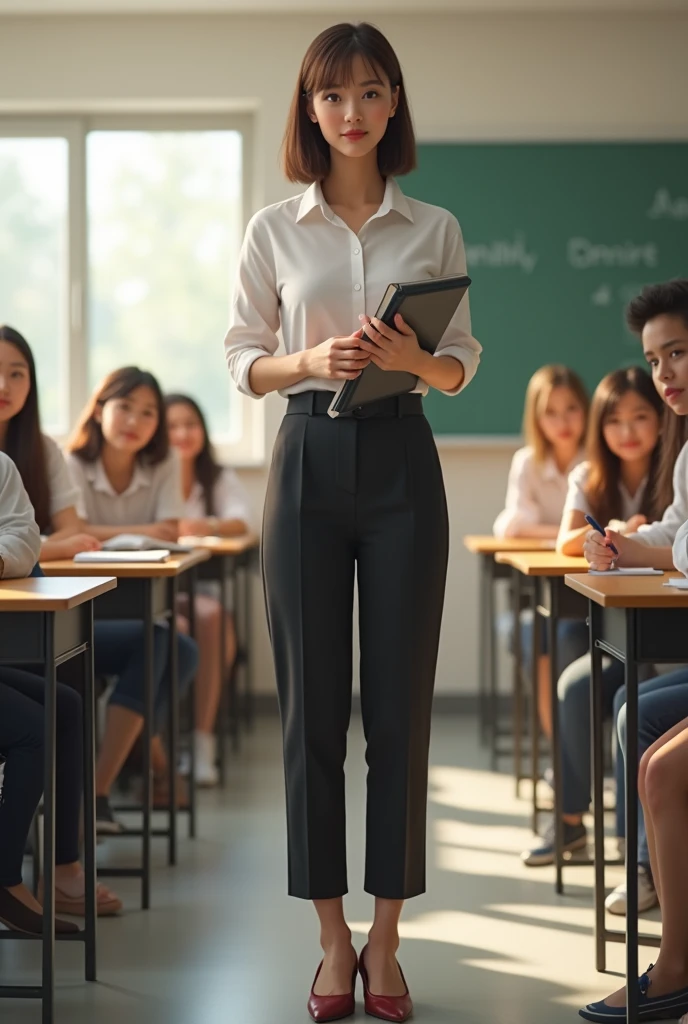 A lady young teacher standing in a class
