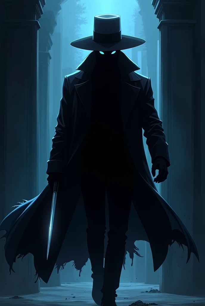 shadow figure, long coat and hat, shiny knife, killer, blue palette, dark background, long shot, shiny blade, anime style