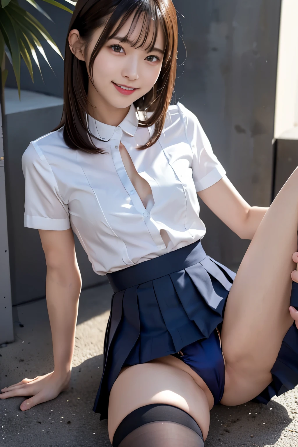 ((nsfw)),((Spread your legs)),(Showing panties),(royal blue satin thron),(Micro Mini Pleated Skirt),(black thigh highs),White sheer short-sleeved shirt, Slender girl, small face, in street,Small breasts,smile,long hair,cameltoe,