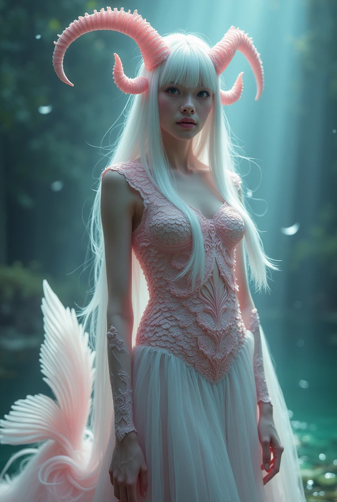 The body, her breasts and shoulders are covered with pink fish scales, a siren with a long fish tail and a tulle around its tail.White straight hair, iki pembe boynuzu olan ve kulakları perdeli olan bir siren. Let its tail be white or pink and adorned with fish fins. 