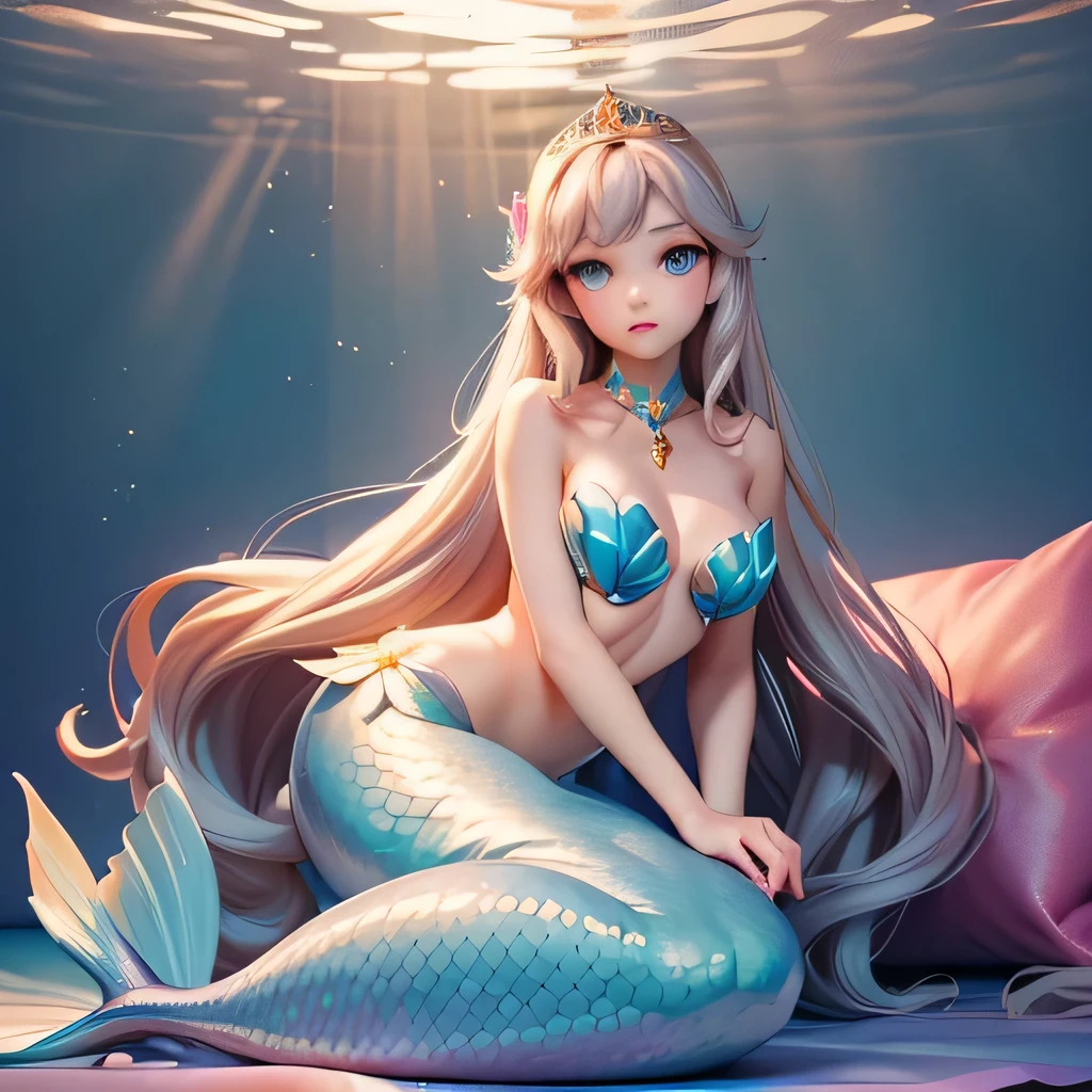 ((masterpiece,best quality,ultra-delicate,Perfect Face,16k,high resolution,very beautiful girl)),gold Long hair,mermaid,blue scales,large breasts,Little Mermaid,Seashell bra,Princess Tiara,Pearl decoration,jewel decorations,Undersea background,under the water