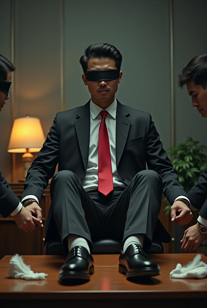 Malaysia malay handsome 19 years lawyer
His hand get handcuff in warehouse
Blindfolded
Black Suit and Red tie
feet on desk
feather
shoes on desk
5 toes each feet
Grey sock
Smock effect smelly sock
1 man take off his socks
1 another man tickle his feet
Tickle Tickle feet
He laugh very hard