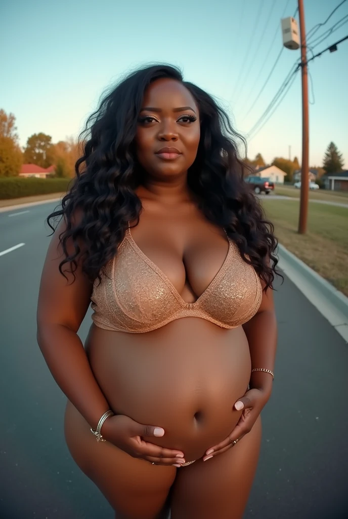Pov when you accidentally meet a curvy plus size pregnant Cardi B wearing a big bra on the side of the road. fisheye camera view, iphone camera style. 8k hd, realface, cinematic