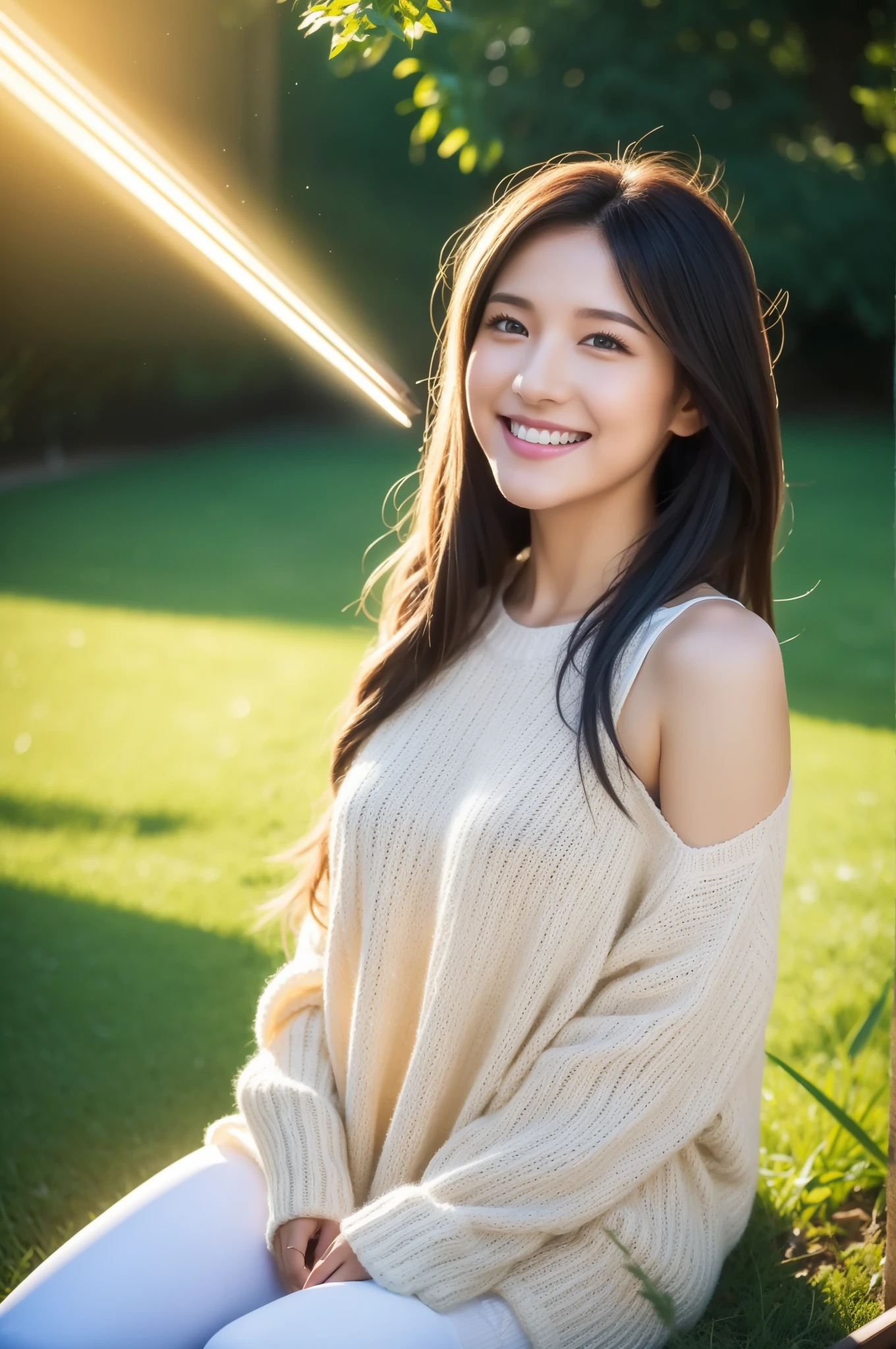 ray tracing, vibrant colors, girl, masterpiece, sharp focus, best quality, depth of field, cinematic lighting, detailed outfit, 4k, perfect eyes, rich in details and textures, white hair, very long hair, golden eyes, hair between eyes, colored inner hair, bright smile, knitted loose, loose clothes, long sweater, black legwear, sitting on grass, under tree, sunlight, light rays, god rays, looking up, smiling, bare shoulders, leggings,