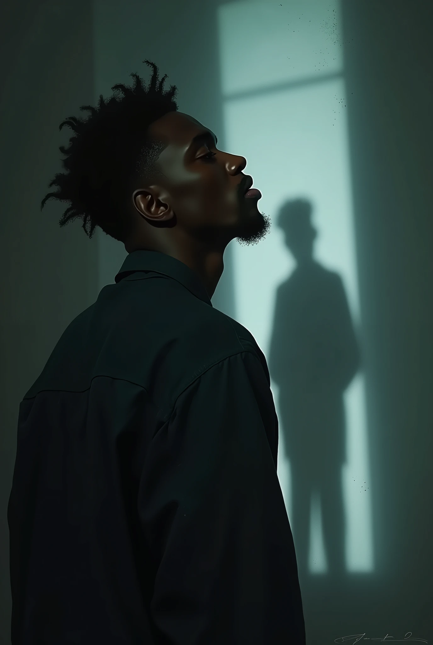 Black singer with short curly hair,thinking of a shadow of one who disappeared from his life
