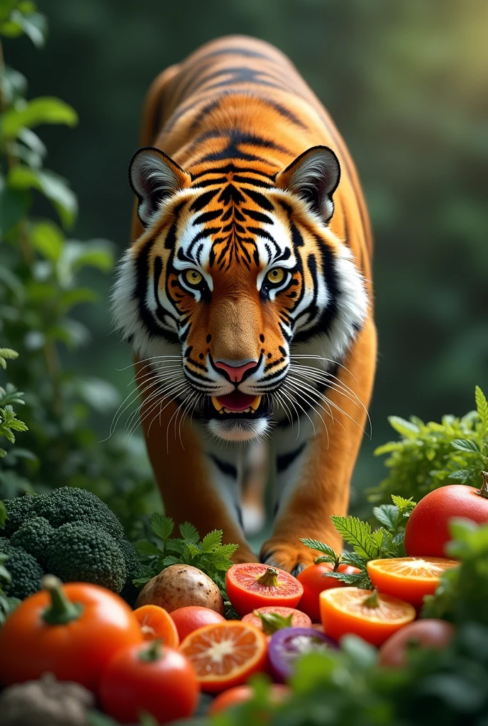 A tiger eats vegetables