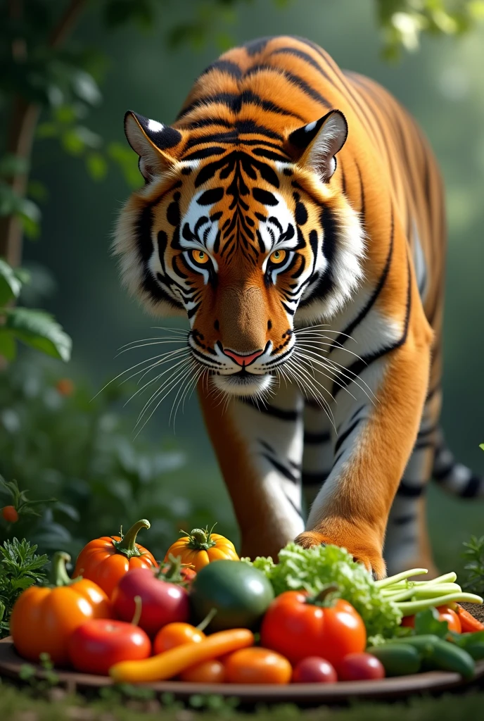 A tiger eats vegetables