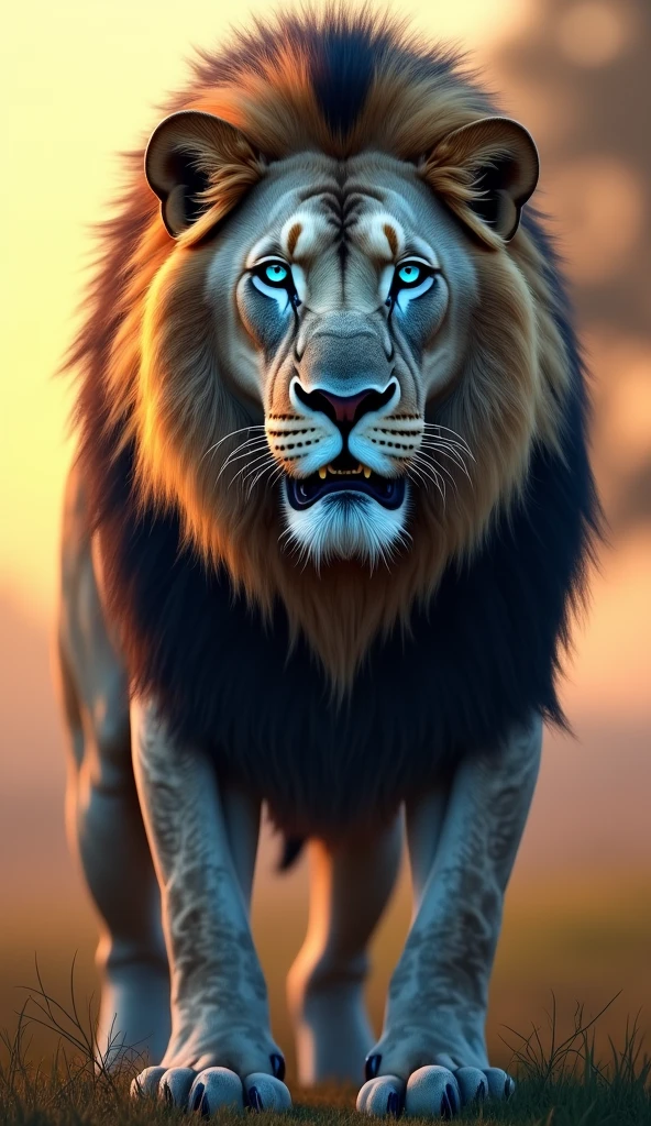 Generate an ultra realistic 8k image of a big strong blue-eyed lion