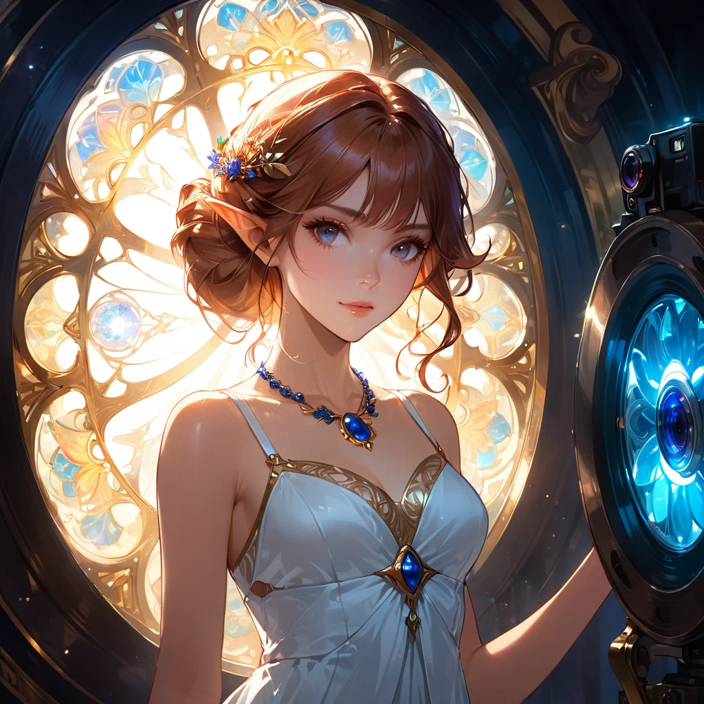 Waist shot of female elf, Wheels within wheels, face slimming, elegant, Wearing a sapphire necklace, White suspender light dress, face camera, Very detailed, Digital painting, art station, concept art, Smooth, sharp focus, illustration, Art work:artgerm、greg rutkowski 和 alphonse mucha, 8k, Volumetric fog, Bloom, light, lumen, Crank Bokeh