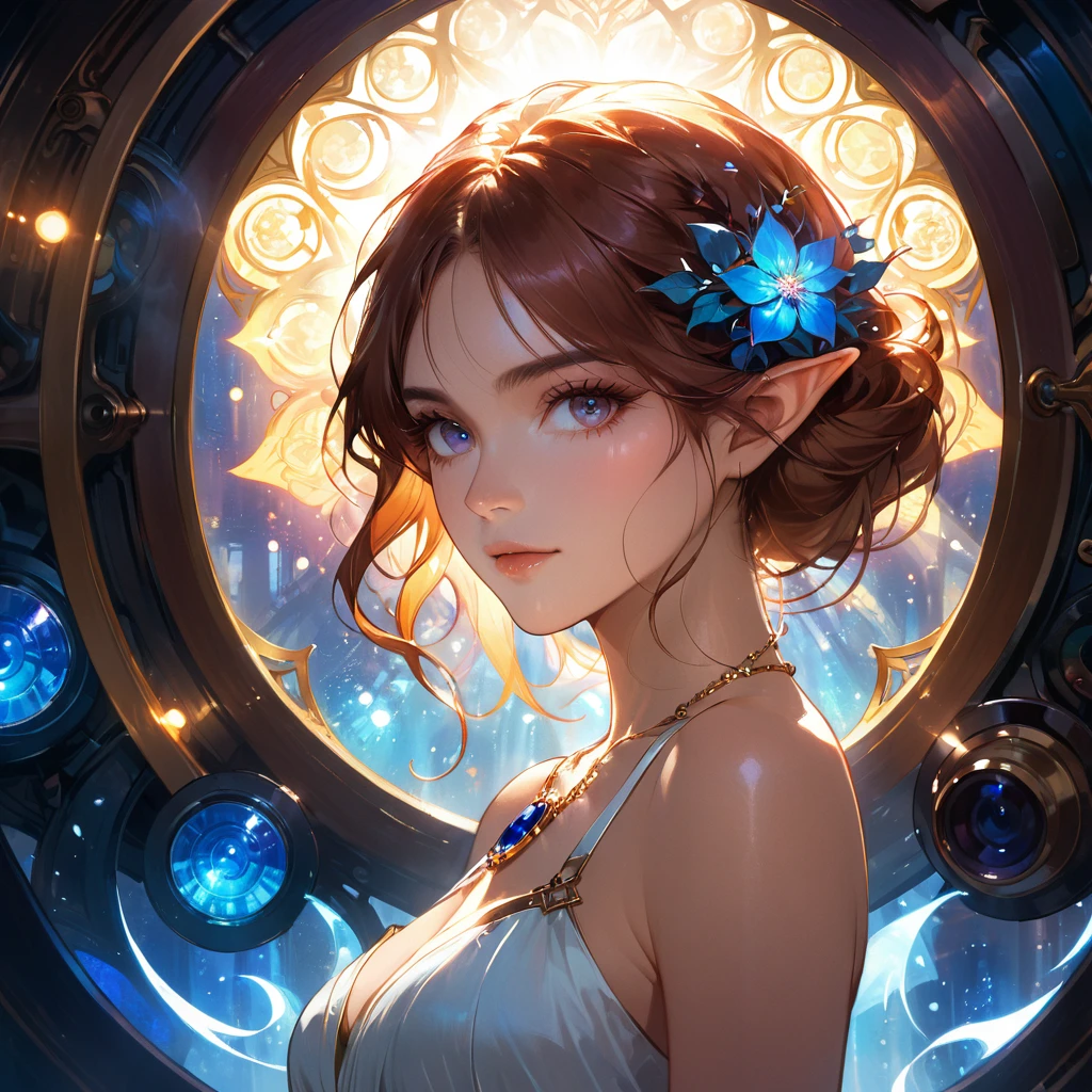 Waist shot of female elf, Wheels within wheels, face slimming, elegant, Wearing a sapphire necklace, White suspender light dress, face camera, Very detailed, Digital painting, art station, concept art, Smooth, sharp focus, illustration, Art work:artgerm、greg rutkowski 和 alphonse mucha, 8k, Volumetric fog, Bloom, light, lumen, Crank Bokeh