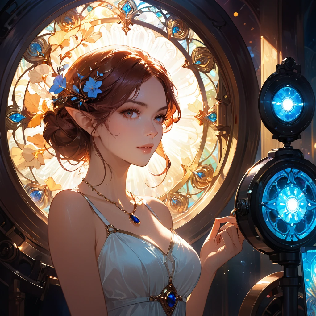 Waist shot of female elf, Wheels within wheels, face slimming, elegant, Wearing a sapphire necklace, White suspender light dress, face camera, Very detailed, Digital painting, art station, concept art, Smooth, sharp focus, illustration, Art work:artgerm、greg rutkowski 和 alphonse mucha, 8k, Volumetric fog, Bloom, light, lumen, Crank Bokeh