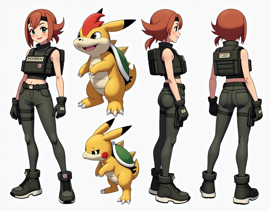 Sonia,pokemon,Standing Girl, cute, 1 girl, , 4-sided design, Diagonals, front, back, profile, Head to body ratio 5, character sheet, whole body, simple background, Four perspectives, tactical gear, bulletproof vest, Good quality, high detail, researcher,Pokemon bowser,ultra detailed, masterpiece, best quality, aesthetic, detailed
