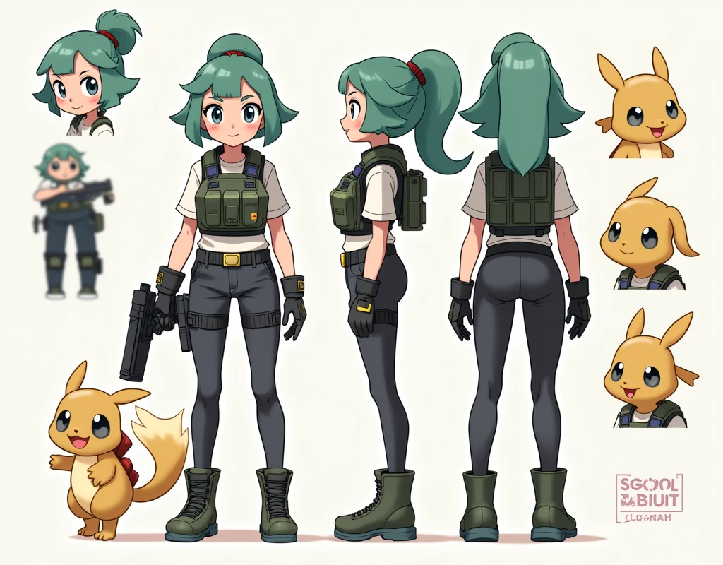 Sonia,pokemon,Standing Girl, cute, 1 girl, , 4-sided design, Diagonals, front, back, profile, Head to body ratio 5, character sheet, whole body, simple background, Four perspectives, tactical gear, bulletproof vest, Good quality, high detail, researcher,Pokemon bowser,ultra detailed, masterpiece, best quality, aesthetic, detailed