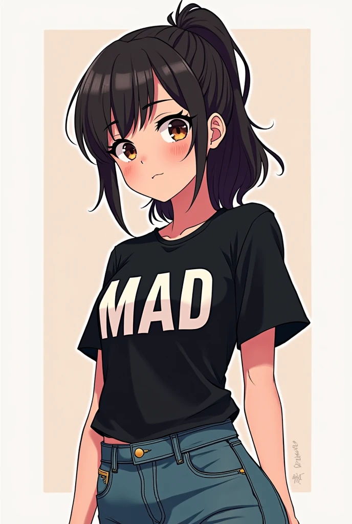 Anime character Mikey in black shirt on her shirt written AMAD