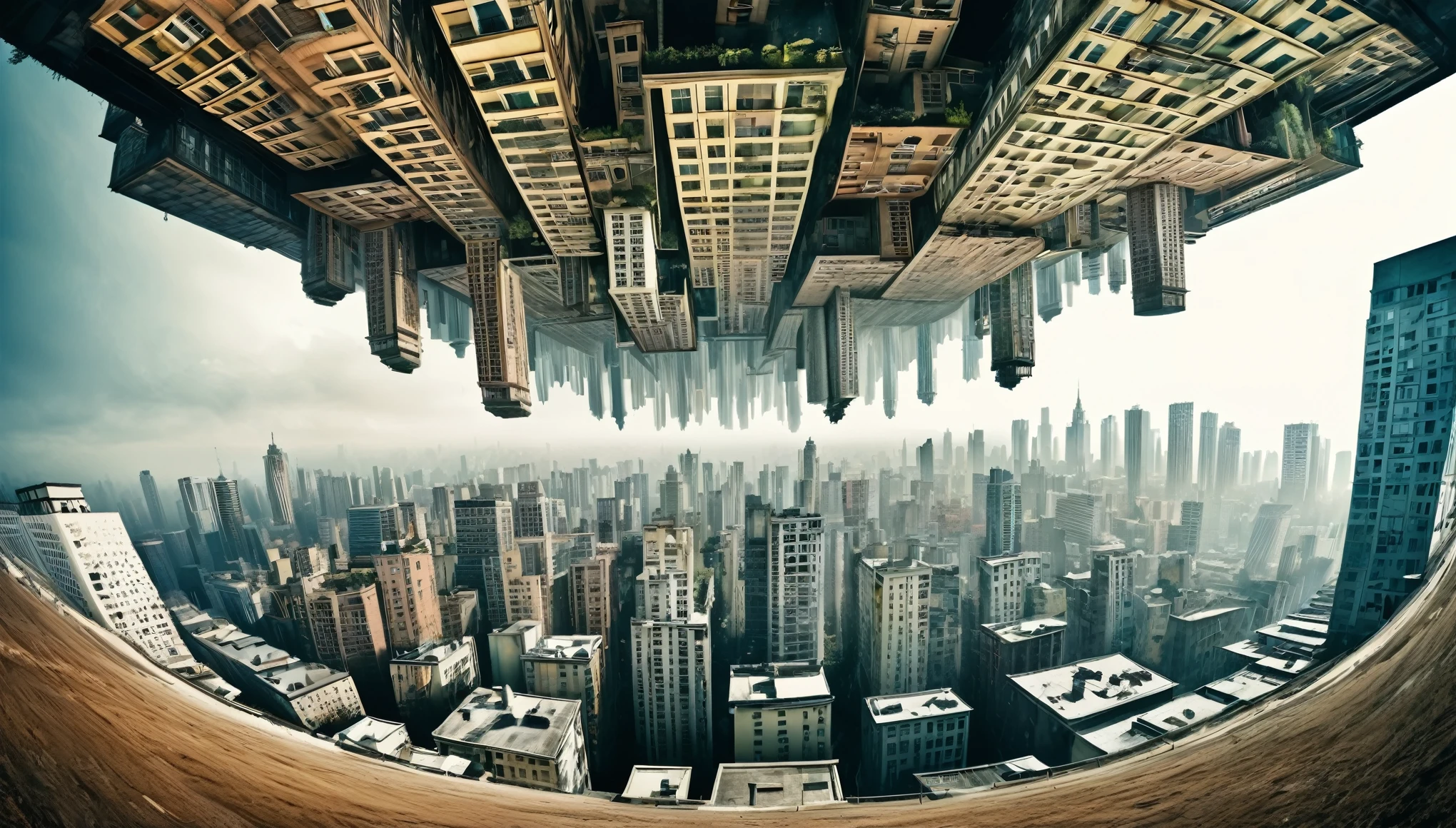 Surreal Scene,
Upside-down cities,
Urban landscapes where buildings stand upside down on the ground or exist hanging from the ceiling