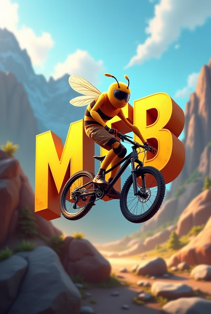 3d text logo with “MTB” written on the bottom with a honey bee mascot with a mountain bike theme