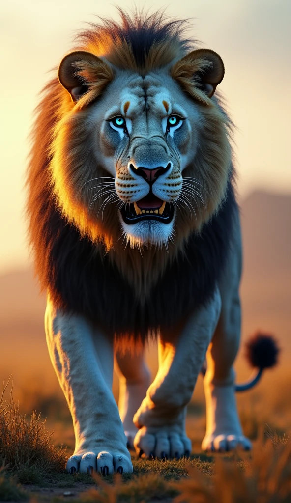 Generate an ultra realistic 8k image of a big strong blue-eyed lion 