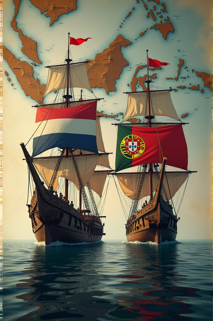 Make a poster of the arrival of the Dutch and Portuguese when entering Indonesian waters and have Dutch and Portuguese flags on each ship to make it more dramatic., One ship was flying the Dutch flag and the other was flying the Portuguese flag.. Background map of the Indonesian archipelago 