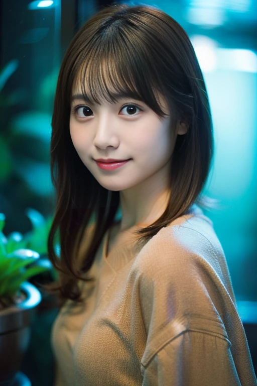 in 8K,Best Quality:1.4, 超A high resolution:1.5, (Photorealistic:1.4),masterpiece:1.2,(top-quality:1.4)、 Raw photo、(the background is blurred), aquariums、FULL BODYSHOT:1.5、 1 Japanese girl, Cute, (独奏), (Shy smile), Smooth skin、(30-years old:1.4)、to stand、Check miniskirt、Cute mini skirt、 (Brown medium hair,bangs), (touch hair:1.4)、nogizaka、cute little、Supple fingertips,Beautiful black eyes、natural skin textures:1.3, realistic eyes and face details:1.7、middlebreasts、gazing at viewer、beauty legs、autumnal、long-sleeve、fish tank