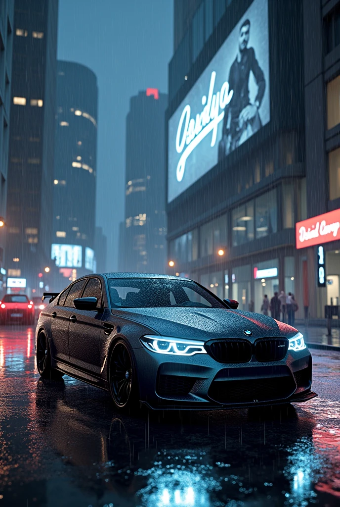 A BMW m5 car standing at night with raining and in back ground there are buldings and also a bilboard written Osaid Goraya in curve style on it ultra realistic 8k
