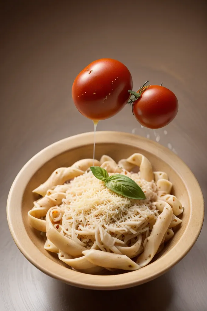 Meisterwerk, beste Qualität,  filmisches Foto von Exquisite, Italienische Küche, Gourmet Pasta , Tomaten-Basilikum-Sauce, Parmesan, rustikaler Holztisch, hochauflösend, Foto, Film, highres