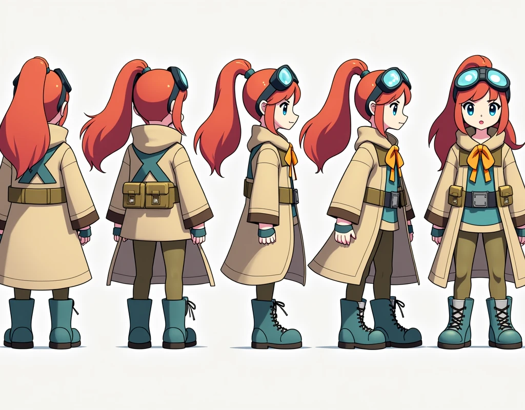 Sonia,pokemon,Standing Girl, cute, 1 girl, , 4-sided design, Diagonals, front, back, profile, Head to body ratio 5, character sheet, whole body, simple background, Four perspectives, tactical gear, bulletproof vest, Good quality, high detail, researcher,Pokemon bowser,ultra detailed, masterpiece, best quality, aesthetic, detailed