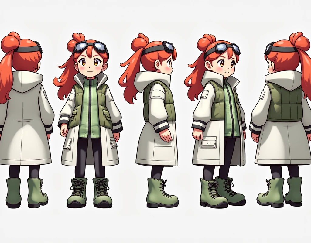 Sonia,pokemon,Standing Girl, cute, 1 girl, , 4-sided design, Diagonals, front, back, profile, Head to body ratio 5, character sheet, whole body, simple background, Four perspectives, tactical gear, bulletproof vest, Good quality, high detail, researcher,Pokemon bowser,ultra detailed, masterpiece, best quality, aesthetic, detailed