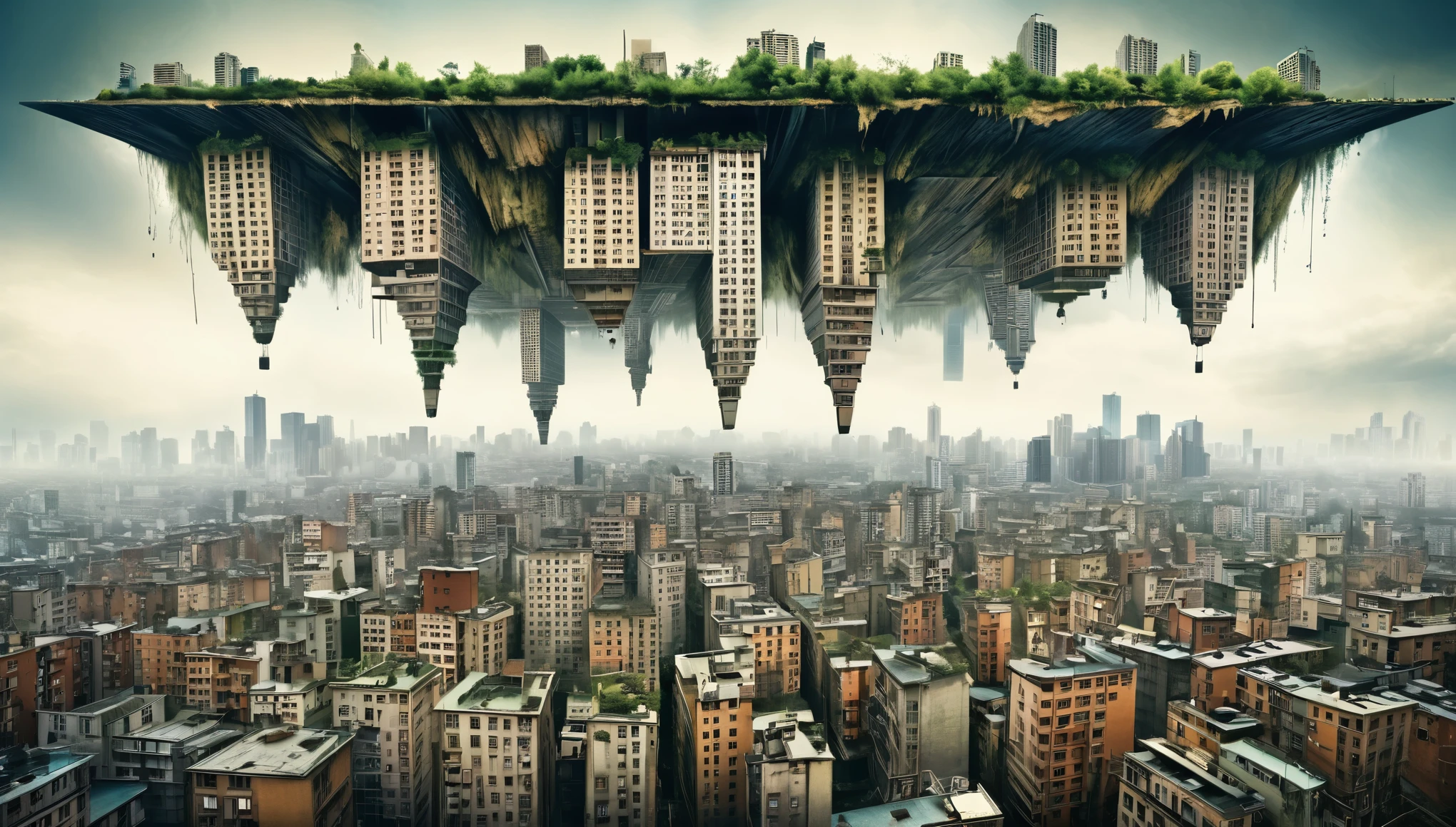 Surreal Scene, 
Upside-down cities,
Urban landscapes where buildings stand upside down on the ground or exist hanging from the ceiling