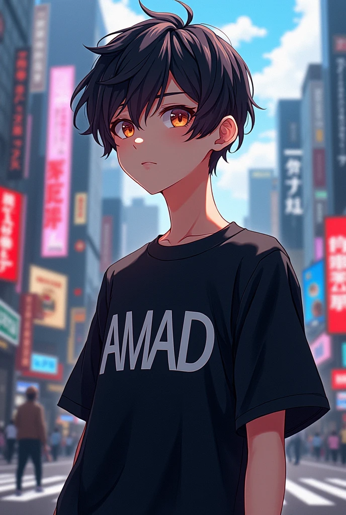 Anime character Mikey in black shirt on her shirt written AMAD in tokyo