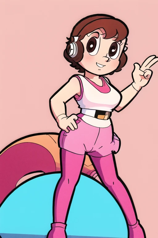 tpyumiko,, brown hair, one eye close, Heart shaped pupils, Wearing Headphones, 80s, hip hop, 80s wave background, dancing, winking, nervous smile, blush, pink leggings, white sweater, big butt, full body, bubble butt