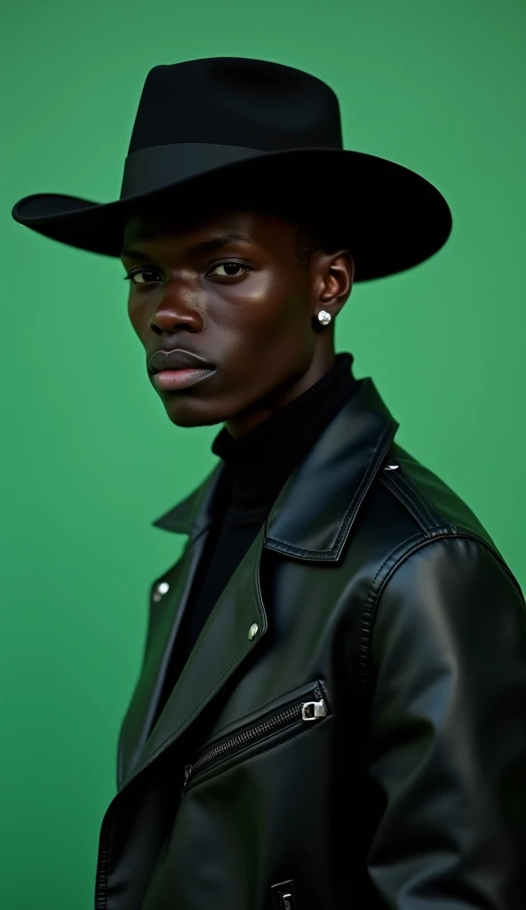 4️⃣ Minimalist fashion photoshoot of an African male model wearing a black leather jacket and hat, with a green background, clean look, magazine cover aesthetic, editorial photography, professional color grading, soft shadows with low contrast, film grain, and a nostalgic mood.