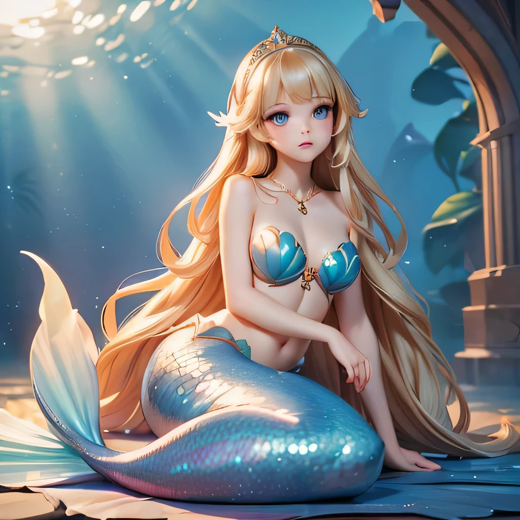 ((masterpiece,best quality,ultra-delicate,Perfect Face,16k,high resolution,very beautiful girl)),gold Long hair,mermaid,blue scales,large breasts,Little Mermaid,Seashell bra,Princess Tiara,Pearl decoration,jewel decorations,Undersea background,under the water