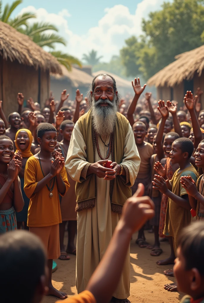 The village elder counting the water and announcing them as the winners, with villagers cheering around them.