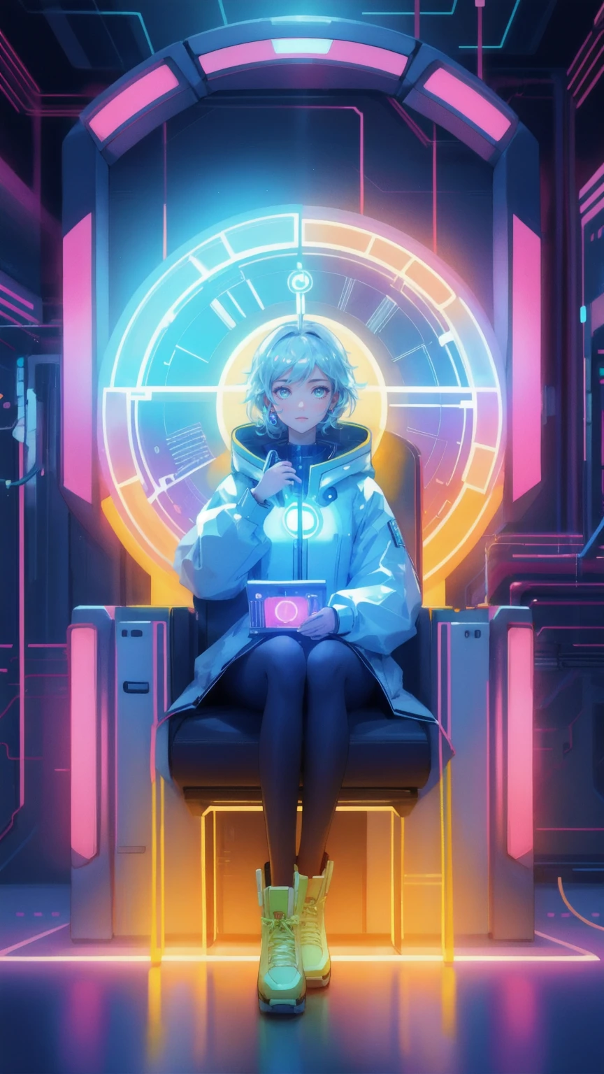 Create an image of a beautiful girl in a futuristic setting, wearing high-tech goggles, and holding stacks of cash with an astonished expression. Bitcoins and dollar signs float around her as she sits in a sleek time machine chair, surrounded by glowing circuits and neon lights. A shimmering disco ball and a rainbow arc in the background, adding a surreal, energetic vibe to the scene. The background should be a radiant yellow, emphasizing the concept of being an 'Early Mover' in the crypto world, with the keyword 'Early Mover Time Machine' prominently featured.