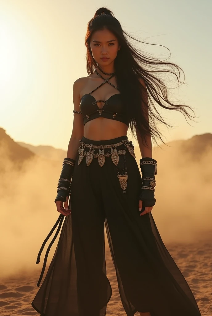 "Create an image of a stunning Asian warrior standing confidently in an open desert plain, her presence both powerful and alluring. She is dressed in a sensual black cosplay outfit, intricately detailed with leather straps, metal accents, and flowing fabric that contrasts with the barren landscape around her. Her long, dark hair is caught in the wind, flowing dramatically behind her, adding movement to the scene. The sun is low in the sky, casting deep, cinematic shadows across the ground and her figure, while the dust swirls in the air behind her, catching the golden light and creating a sense of motion. The scene is captured with a cinematic lens, focusing on the contrast between her dark attire and the soft, warm tones of the desert. The overall atmosphere is intense and evocative, with shadow play highlighting the contours of her form and the rugged texture of the landscape, giving the image a movie-like quality that draws the viewer into this moment of poised strength and beauty."