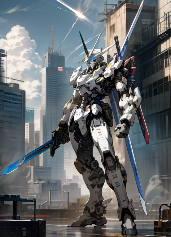 null, cloud, Holding_arms, no_human, Shine、robot, building, Shine_eye, Mecha, science_fiction, city, Realistic,Mecha、Shiden、High resolution、8k、High resolution、Very detailed、Perfect Proportions、Holding a sword、Mechaが構える