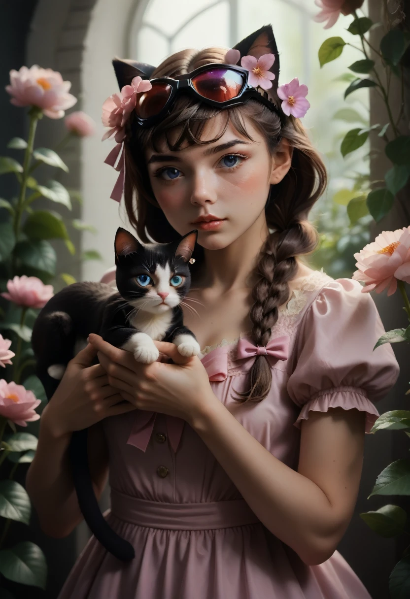 1girl, naked, animal ears, purple eyes, brown hair, wings, solo, long hair, blush, cat ears, flowers, looking at viewer, braids, bows, dresses, pink flowers, bows, hair accessories, bangs, cats, hair flower, animal ear hair, holding, virtual youtuber, blue bow, holding animal, catwoman, stuffed toy