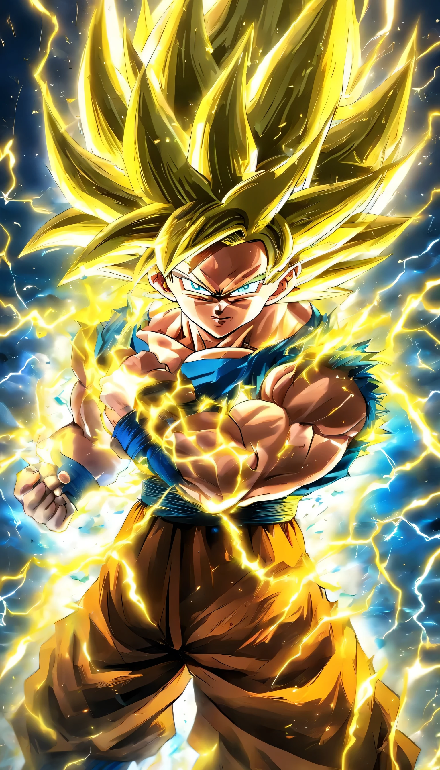 ((main part)),(Best quality at best)),Faraway view,Yellow electric Lightning around,glowing effect,hyper realisitc,ultra real photo,Chinese black and white ink style,Black and white,discoloration,points,ink,8K,ultradetailed,high quality, Yellow Spiky , Lengthy hair, electric yellow eyes, 1boy, muscular male, young style, ???????, shorts, Solid hard grass field, Blue belt tied around waist,blue boots, ionic Goku hairstyle,
Sparkling yellow electric current in background